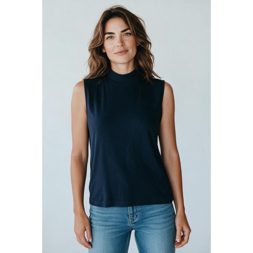 Worth Navy Silk Blend Mock Neck Sleeveless Shell Top VTG Stretch Sz M